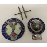 Car bumper badges - RAF Association, enamelled white metal and RAOB, enamelled metal with cast