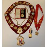 RAOB - an enamelled gilt metal chain "Order of Merit" mounted on heavy red velvet collar together