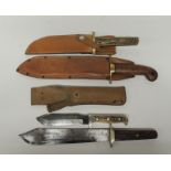 A German made Trophy Line Guide Knife with antler handle and in leather sheath, blade 16cms long