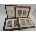 Four dog postcards by Mac and two horse and hound postcards, in three frames together with a