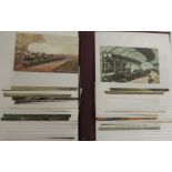 A quantity of railway related postcards including artist cards of steam locos, some stations, some