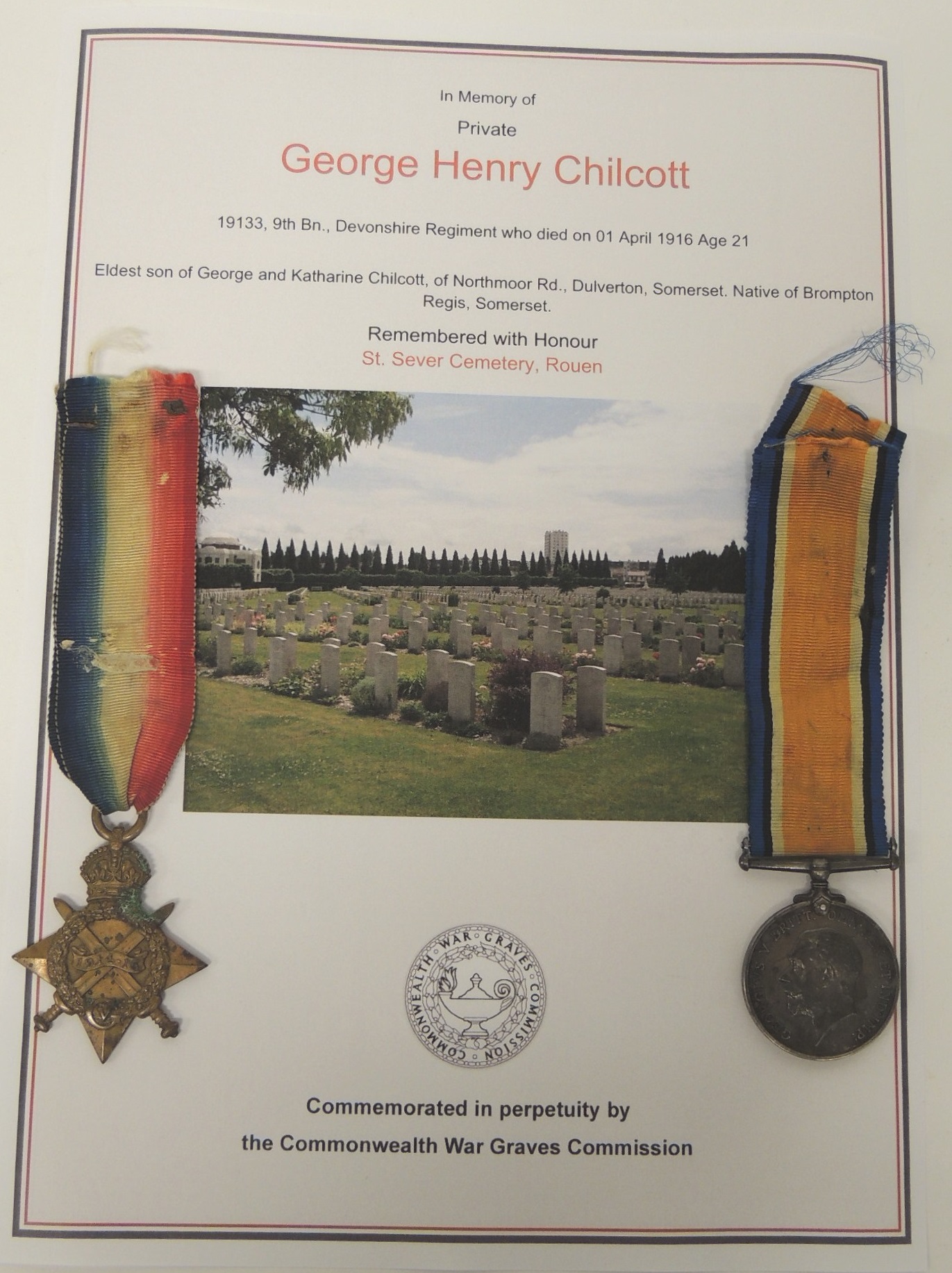 WWI Casualty pair - 19133 Private George Henry Chilcott, 9th Btn Devonshire Regt, died 1st April