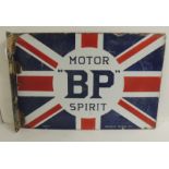 A double sided enamelled metal advertising sign "BP Motor Spirit" 41cms x 62cms together with a