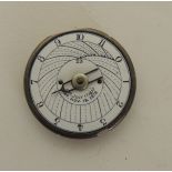 A Patent Pedometer lacking outer case, having white enamel dial with black Arabic letters and