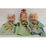 Three vintage c.1960's hand puppets with moulded soft rubber heads each with printed "body" -