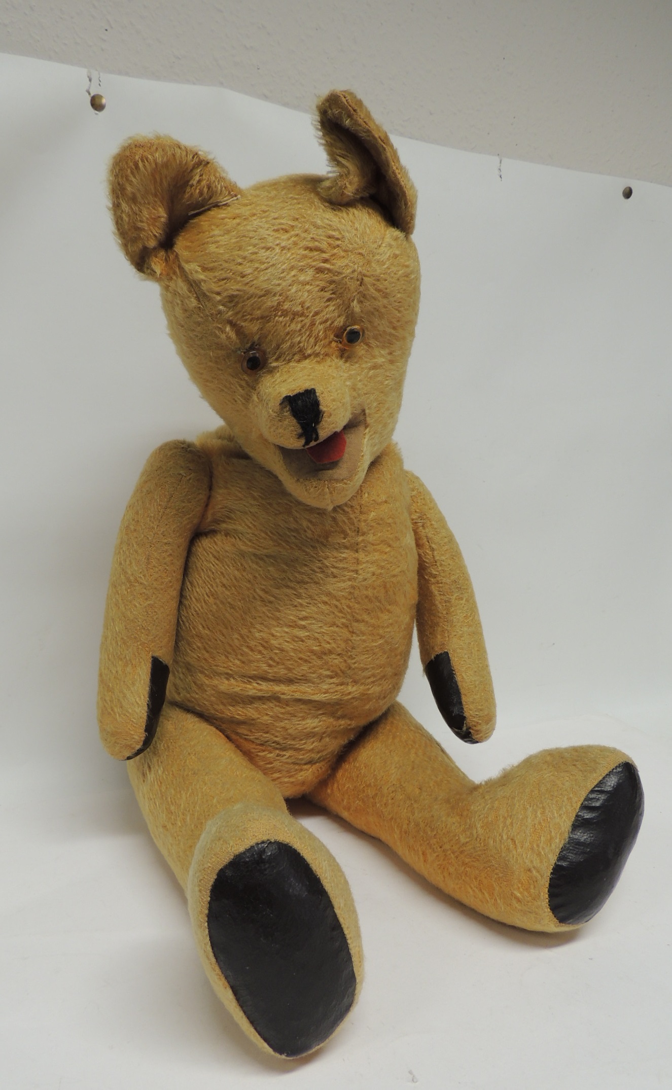 A large early 20th Century teddy bear with golden plush, open mouth with tongue and brown rexine