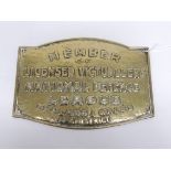 A brass wall plaque for "Member of Licensed Victuallers National Defence League England & Wales no.6