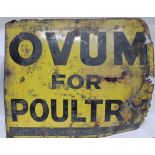 A single sided enamelled metal advertising sign "Ovum For Poultry", black letters on yellow