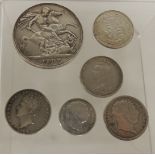 VICTORIA - Shilling 1887; Crown 1897 LX and four other silver coins, all had light clean