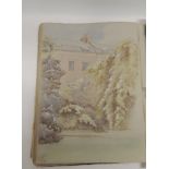 An Edwardian watercolour album, some pages with watercolours and drawings including Southernhay