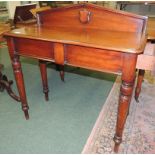 A Victorian mahogany hall table with low arched raised back, fitted with single side frieze drawer