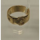 A gents 9ct gold, wide buckle ring, set with two small diamonds, size Y+, 8g approx.