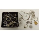 A quantity of assorted silver/silver gilt rings, marcasite, garnets, opal and clear quartz set,