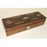 A Victorian rosewood and inlaid mother of pearl rectangular box, having hinged lid and lock, 6cms