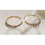 An 18ct gold five stone graduated diamond ring (A/F), size M; and another 18ct gold diamond