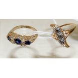 A 9ct gold dress ring, set with three blue topaz stones and spaced with clear stones, size N+ (A/F);