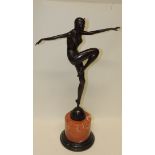 After J PHILLIP a reproduction bronze dancer in the Art Deco style mounted on marble base, having