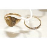 A 9ct gold, oval panel signet ring, engraved decoration and set with tiny diamond, size R; and a