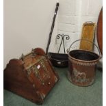 A Victorian brass bound coal box (lacks liner); a decorative copper coal bucket with embossed