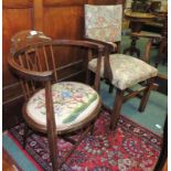 An early 20th century line inlaid bow back salon chair with tapestry seat together with an open