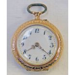 14K GOLD FOB WATCH WITH ENAMELLED FLORAL DECORATION