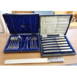 SILVER HANDLED & IVORY PAPER KNIFE, CASED SET OF SILVER PLATED TEASPOONS, USED SET OF TEA KNIVES.