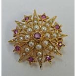 RUBY & SEED PEARL STAR BROOCH / PENDANT MARKED 375