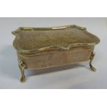 SILVER JEWELLERY BOX WITH SHAPED LIFT UP LID ON SHAPED SUPPORT,