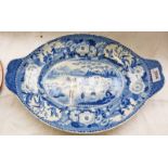 BLUE & WHITE PORCELAIN DISH WITH ORIENTAL SCENE DECORATION - 41CM LONG