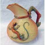 ROYAL WORCESTER BLUSH IVORY BASKET WEAVE EFFECT JUG WITH LIZARD DECORATION. HEIGHT 16.