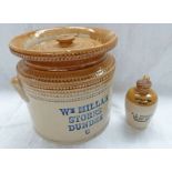 19TH CENTURY BUCHAN PORTOBELLO BUTTER CROCK FOR WM MILLER DUNDEE & SMALL FLAGON FOR W.F.