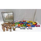 SELECTION OF WADE WHIMSEYS ALONG WITH SMALL GLASS DISPLAY CASE & SELECTION OF PLAYWORN MATCHBOX