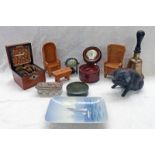 BRASS HAND BELL, TARTANWARE BOX, 2 MODEL ORKNEY CHAIRS & STOOL , SILVER TOPPED TRINKET BOX,