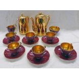 CROWN DEVON COFFEE SET 14 PIECES & WITH MAROON EXTERIOR & GILT INTERIOR & 2 ROYAL WORCESTER COFFEE