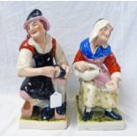 PAIR 19TH CENTURY STAFFORDSHIRE POTTERY FIGURES OF COBBLER & WIFE