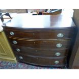 19TH CENTURY MAHOGANY BOW FRONT CHEST OF 4 LONG DRAWERS ON BRACKET SUPPORTS