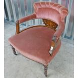 20TH CENTURY INLAID MAHOGANY OVERSTUFFED TUB CHAIR WITH TURNED SUPPORTS