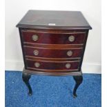 20TH CENTURY MAHOGANY BOW FRONT 3 DRAWER CHEST ON QUEEN ANNE SUPPORTS