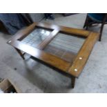 LATE 20TH CENTURY OAK COFFEE TABLE WITH GLASS INSERTS & UNDERSHELF