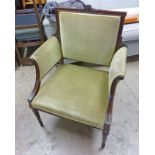 MAHOGANY FRAMED ARMCHAIR ON TURNED SUPPORTS Condition Report: 1 ARM BROKEN,