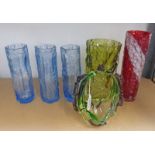 SELECTION OF STUDIO COLOURED GLASS VASES.