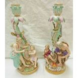 PAIR 19TH CENTURY MEISSEN PORCELAIN FIGURAL CANDLESTICKS WITH CROSSED SWORD & IMPRESSED MARKS TO
