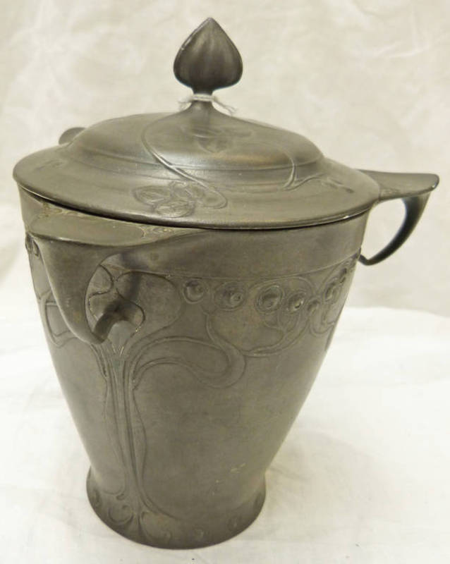 ARTS & CRAFTS PEWTER THREE HANDLED LIDDED TEA CADDY DECORATED WITH STYLIZED FLOWERS