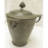 ARTS & CRAFTS PEWTER THREE HANDLED LIDDED TEA CADDY DECORATED WITH STYLIZED FLOWERS