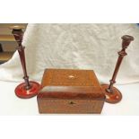 19TH CENTURY BURR WALNUT JEWELLERY BOX WITH DECORATIVE INLAY AND A PAIR OF MAHOGANY CANDLESTICKS