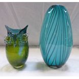 ART GLASS VASE WITH GREEN & BLACK DECORATION.