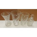 3 CUT GLASS VASES 28CM AND 26CM AND A DECANTER