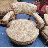 EARLY 20TH CENTURY TUB CHAIR ON TURNED SUPPORTS.