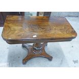 19TH CENTURY ROSEWOOD TURN-OVER TEA TABLE WITH CENTRE PEDESTAL & SPREADING SUPPORTS