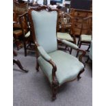 19TH CENTURY ROSEWOOD GENTLEMANS OPEN ARMCHAIR ON CABRIOLE SUPPORTS